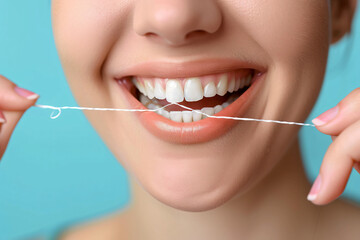 Young woman flossing her teeth on blue background, closeup. Cosmetic dentistry
