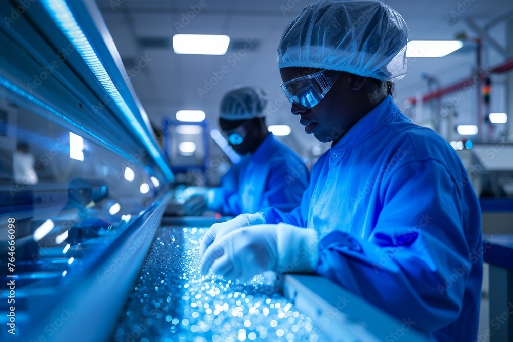 Aufkleber technicians in blue uniforms working with precision on an assembly line in an industrial environment