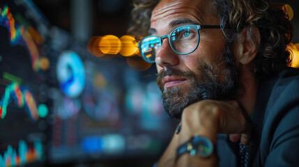 A businessman rubbing his chin thoughtfully while reviewing financial reports on his computer screen in the office. 