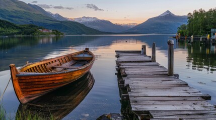 Wooden boat and old wooden dock at evening with mountains on background - obrazy, fototapety, plakaty