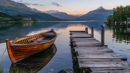 Fotobehang Wooden boat and old wooden dock at evening with mountains on background © Media Srock