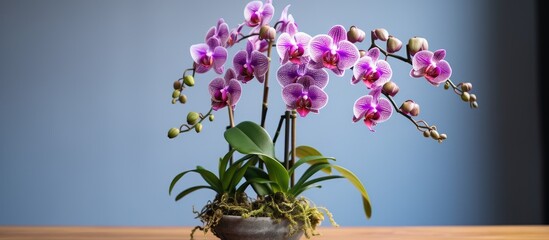 Purple orchids are potted and placed on a table, surrounded by green moss
