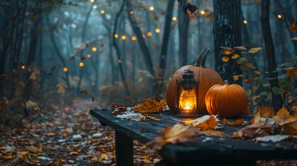 Wooden table with Pumpkins and lantern in dark mystery forest  - Powered by Adobe