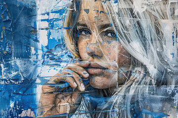 Painting of a womans face against a vibrant blue background, created using abstract techniques and collage elements.