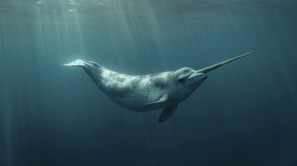 A majestic narwhal glides gracefully in the serene depths, its tusk painting a rainbow - a beacon of hope, diversity, and uniqueness. - obrazy, fototapety, plakaty