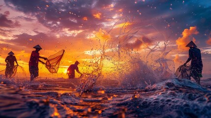 Traditional fishermen casting nets at sunset, vibrant ocean scene - obrazy, fototapety, plakaty