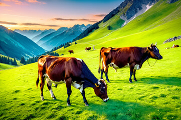 Cows grazing on green alpine meadows.