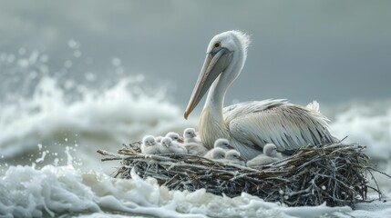 The pelican's watchful presence over its chicks conveys the essence of safeguarding in insurance and safety realms.