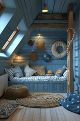 Children's room in nautical style, selective focus