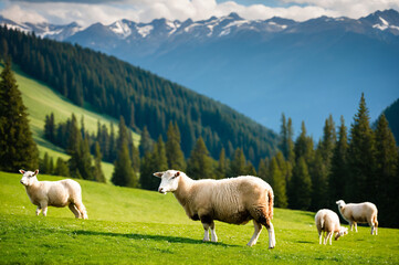 Fototapeta premium Sheep grazing on green alpine meadows.