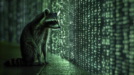 The raccoon's silhouette blends with the digital codes, symbolizing the strategic prowess vital in safeguarding data. - obrazy, fototapety, plakaty
