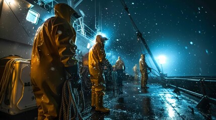 Fishermen working under starry night sky in neon rain suits - obrazy, fototapety, plakaty