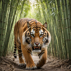 A fierce tiger prowling through a bamboo forest, its golden eyes gleaming with primal intensity as it hunts for prey