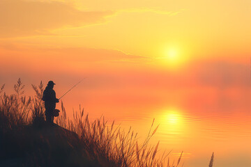 Fototapeta na wymiar Fishing at Dawn - Calm illustration of a person with a fishing rod against the rising sun