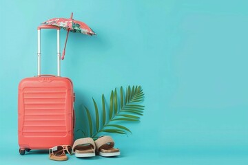 A banner with a travel suitcase on wheels with a handle with travel accessories on a blue background with a free place to insert text, The concept of traveling on vacation and on vacation - obrazy, fototapety, plakaty