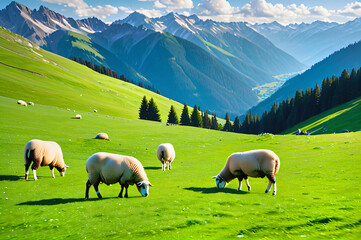 Sheep grazing on green alpine meadows.
