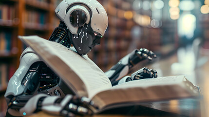 android robot writing text in book, Generative AI 