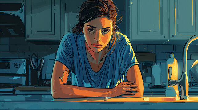 A forlorn woman at her kitchen sink looking worried about a plumbing problem. help and assistance, Generative AI, 