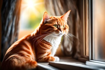 Striped red purebred cat looking out the window on a sunny day.