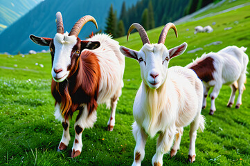 Fototapeta premium Goats grazing on green alpine meadows.