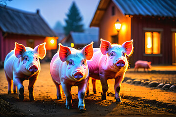 Pigs walking around the village yard.