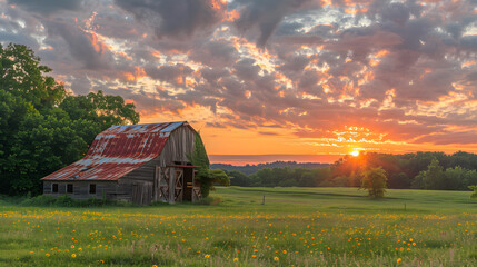 A rustic barn, with lush green fields as the background, during a vibrant summer sunset