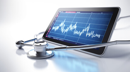 Medical tablet showing cardiogram on display and a blue stethoscope, isolated on white background