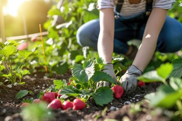 Fototapeta premium Closeup of woman farmer or gardener picking strawberries in field.
