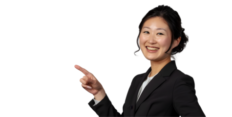 Confident Asian Businesswoman Pointing Something on Transparent Background