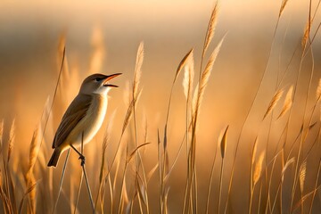 Eurasian reed warbler Acrocephalus scirpaceus bird singing in reeds during sunrise. - obrazy, fototapety, plakaty