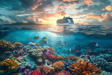 Fototapeta na wymiar Cruise Ship in the sea reef with coral and various fishes under water at summer