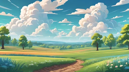 Fotobehang Spring field landscape with cloud and sky blue over forest trres,Vector cartoon scene rural nature park in sunny day summer,Beautiful farmland in countryside for Easter banner background © Anton