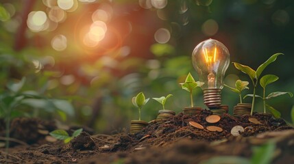 Light bulb is located on soil. plants grow on stacked coins Renewable energy generation is essential for the future. Renewable energy-based green business can limit climate change and global warming. - obrazy, fototapety, plakaty
