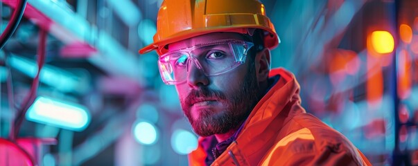 Close-up of a construction worker in neon safety gear with serious expression - obrazy, fototapety, plakaty