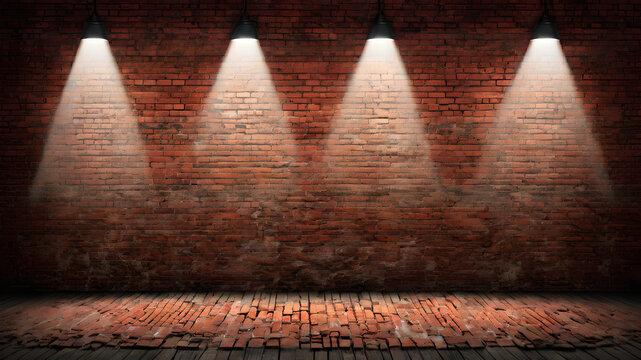 Vintage textured red brick wall with spotlight shining in the center, ideal for backgrounds or as a grunge design element