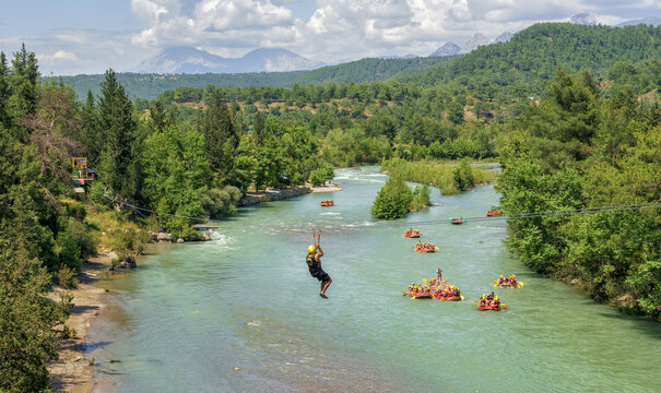 Rafting and ziplining along the river. Koprulu and Tazi canyon, Manavgat Antalya Turkey.