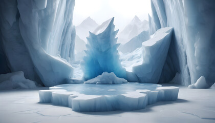 Ice background podium cold winter snow product platform floor frozen mountain iceberg. Podium glacier cool ice background stage landscape display icy stand 3d water nature pedestal arctic concept cave