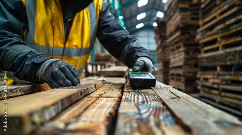 Poster warehouse worker using a handheld scanner on lumber for inventory
