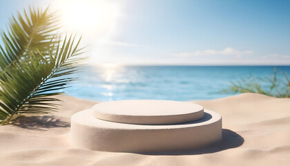 Obraz premium Beach podium background product summer sand display stand sea cosmetic. Product summer background podium beach sky scene presentation platform nature blue pedestal beauty water mockup stone palm sun