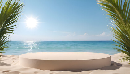 Beach podium background product summer sand display stand sea cosmetic. Product summer background podium beach sky scene presentation platform nature blue pedestal beauty water mockup stone palm sun