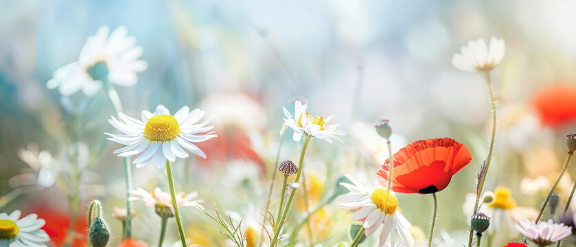 chamomile and poppies on a sunny spring meadow, with empty copy space, close-up with shallow depth of field