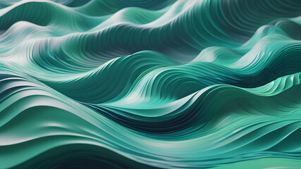 Aqua and Green 3D Waves ripple to make a Multicolored abstract wallpaper. 3D Render with copy-space.