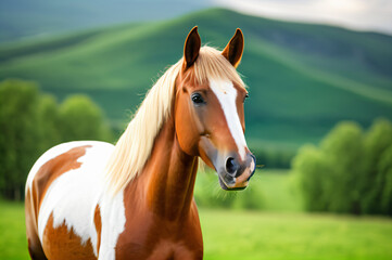 Obraz premium Horses grazing in a meadow on a bright sunny day.