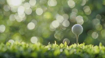 Close-up golf ball on tee with blur green bokeh background. - obrazy, fototapety, plakaty