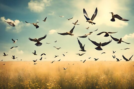 Flying birds in sky above summer field