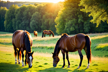 Horses grazing in a meadow on a bright sunny day.
