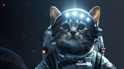 Cute astronaut cat in black space with lights on helmet