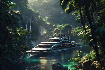 Luxury futuristic Cruise Ship in the forest in summer 