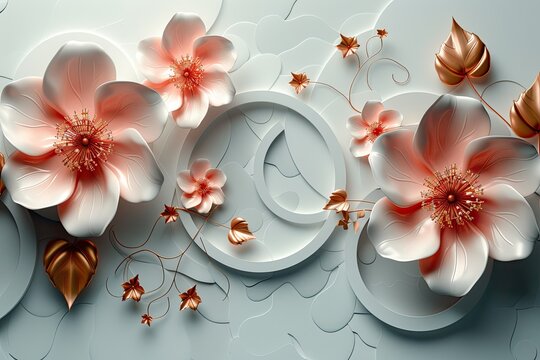 3D wallpaper with golden and pink flowers and a 3D circle backdrop pattern on the surface.
