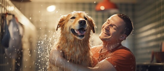 A man is carefully washing his pet dog using a shower, with soap suds and water running over the canine's fur - obrazy, fototapety, plakaty